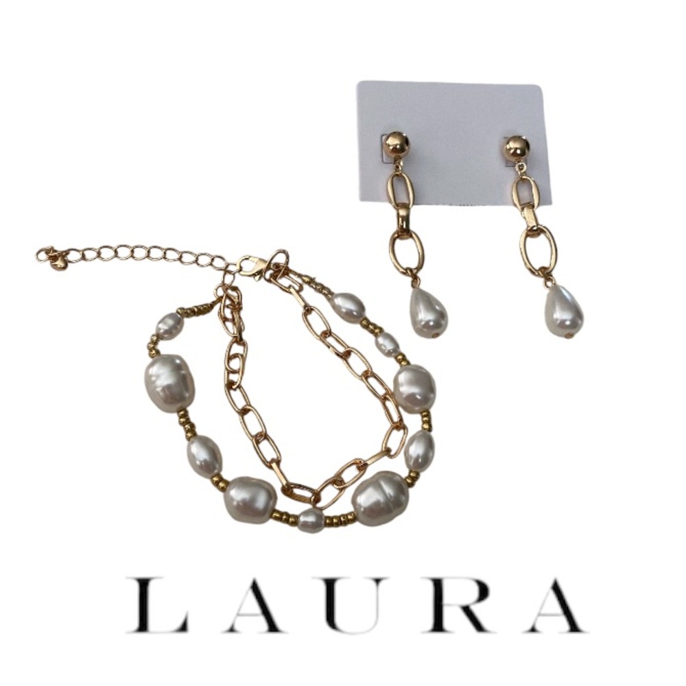 LAURA Bracelet and Earring Set, Faux Pearl and Goldtone, NWT